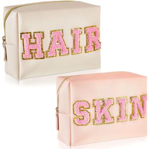 Patelai 2 Pcs Preppy Makeup Bags Chenille Letter Patch Bag Face Skin Hair Stuff Aesthetic Cosmetic Bag Travel Zipper Pouch Makeup Organizer Graduation Gift for Girls (White, Pink,Hair, Skin)