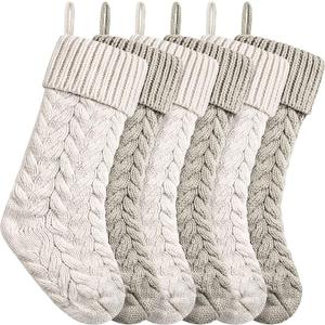 Christmas Stockings Knit Xmas Stockings Large Fireplace Hanging Stockings for Family Christmas Decoration (Ivory,Khaki, L, 6pcs)