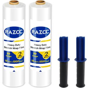 Stretch Film, RAZCC Stretch Wrap Industrial Strength, Shrink Wrap for Pallet Wrap, Heavy Duty Clear Plastic Wrap with Handles, Moving Wrapping Plastic Roll, 15" x 1000 Ft Per Roll, 60 Gauge, 2 Pack