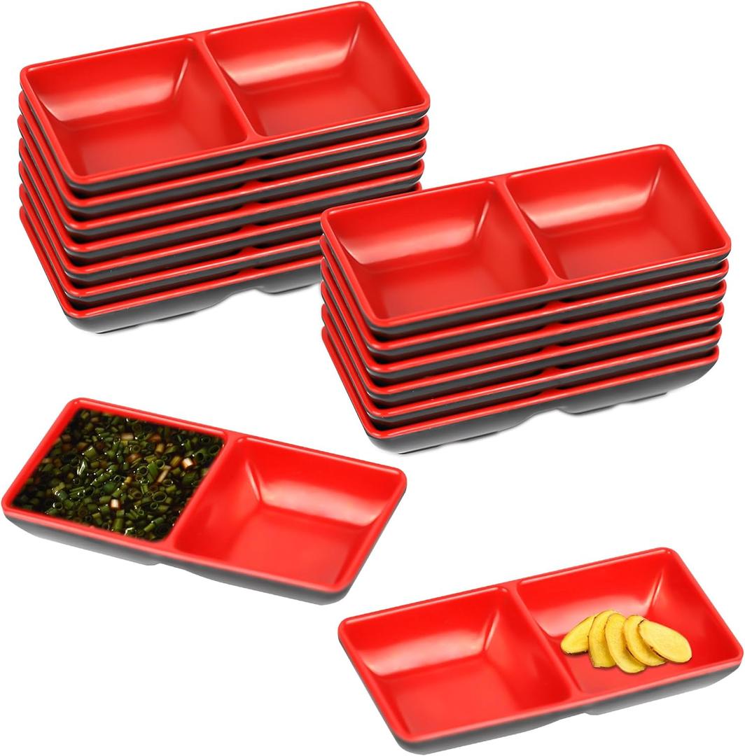 15 Pcs Dual Soy Sauce Dish, Melamine Dual Dipping Bowls Divided Sauce Dishes for Sushi,Two Compartments Plate Appetizer Serving Tray for Restaurant Kitchen Condiments