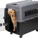 SportPet Airline Compliant X-LARGE 35.5" Travel Dog Kennel-Durable Plastic Airline Pet Carrier w/Removable Wheels & Food Bowls, Collapsible Indoor/Outdoor Dog Kennel, Dogs up to 32"L & 23"H-Dark Gray