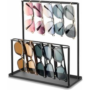 Sunglasses Organizer Glasses Holder Stand with Tray, Eye Glasses Display, 2 Tier Sunglass Storage Rack for Multiple Glasses, for Desk, Nightstand, Dresser, Vanity, Metal, Black