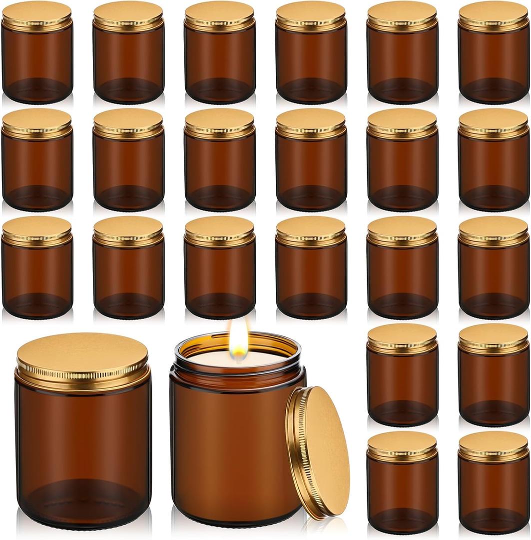 Zhehao 24 Pcs Glass Candle Jars with Lids Bulk, Round Empty Candle Container Tins, Dishwasher Safe and Leakproof DIY Crafts(Amber,Gold,7 oz)