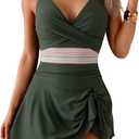 Women One Piece Swimsuit V Neck Swimdress Color Block Bathing Suit Skirt Tummy Control Tie Back Swim Dress (Small, Army Green)