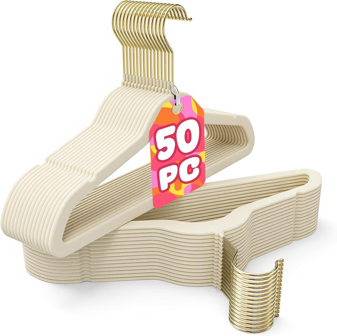 Korpai 50 Pack Kids Velvet Hangers 14 Inch, Non-Slip, Ultra Slim,Space-Saving Kids Hangers with 360 Swivel Hook, 7LBS Capacity, Kids Clothes Hangers Ideal for Youth's Dresses/Shirts/Coats, Beige