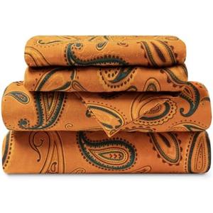 Superior Flannel Brushed Cotton Paisley Bed Sheet Set, Soft, Warm Bedding, Bohemian Floral Sheets, Bedroom Decor, 1 Flat Sheet, 1 Elastic Deep Pocket Fitted Sheet, 2 Pillowcases, Queen, Pumpkin
