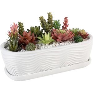 MyGift 13.5 inch Succulent Planter Pot, Oval Modern Ceramic Plant Box Container with Wave Textured Pattern and Removable Saucer Drip Tray (White)