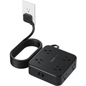 TESSAN Surge Protector Power Strip Black, 5 Ft Flat Plug Extension Cord with 3 USB (1 USB C) 8 Outlets, 900J Surge Protection, 3 Sided Outlet Extender with Power Switch for Office, Dorm Room