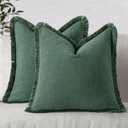 MIULEE Decorative Throw Pillow Covers Neutral Linen Fringe Throw Pillows Set of 2 Greyish Green Boho Farmhouse Cushion Covers with Tassels for Couch Sofa Bed Living Room Spring Home Decor 18x18 Inch