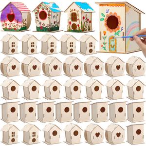 DoubleFill 12 Pcs Bulk Wooden Bird Houses Kits for Kids DIY Crafts and Arts Unfinished Wood Birdhouse to Paint Birthday Gifts for Easter Crafts Class Parties, 4 Styles