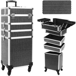 Professional Rolling Makeup Case with Wheels, 5-in-1 Makeup Train Case, Cosmetic Makeup Trolley Cart Travel Cosmetology Case On Wheels with Key for Hairstylists, Nail Tech(Black Crystal)