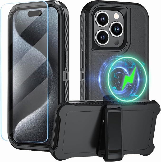 Magnetic for iPhone 15 Pro Case,with Belt Clip,[Compatible with Magsafe] W/Tempered Glass Screen Protector,Anti-Drop,Shockproof,Heavy Duty Protection (Black)