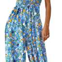 YESNO Women's Casual Overalls Summer Tie Shoulder Smocked Floral Wide Leg Jumpsuits Baggy Rompers with Pockets PZE
