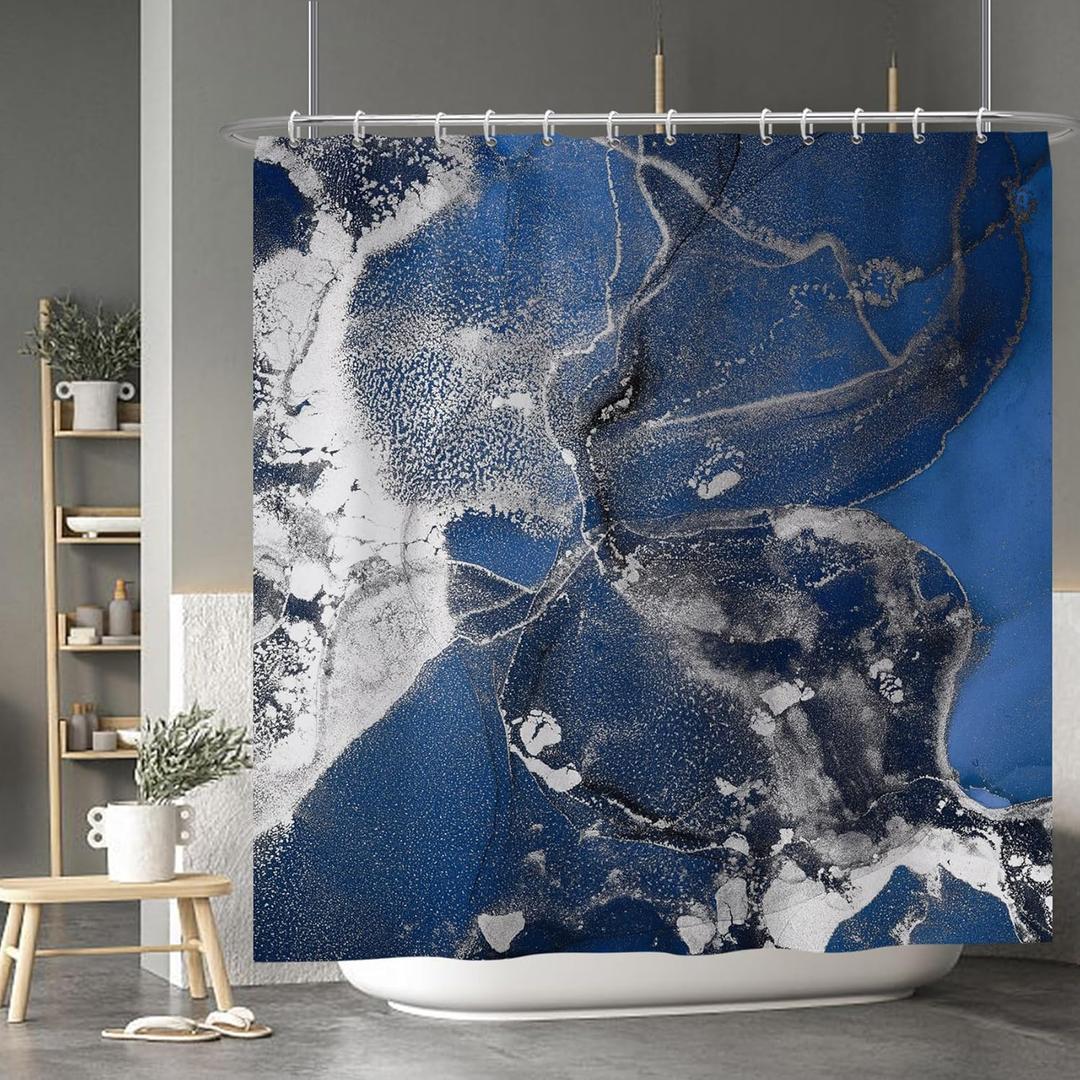 Baocicoo Navy Blue Marble Shower Curtain Sets Abstract Modern White Cracks Ocean Luxury Bath Curtains for Home Hostel Bathtub Decor Fabric Durable Waterproof Shower Curtain with Hooks 72x72 Inches