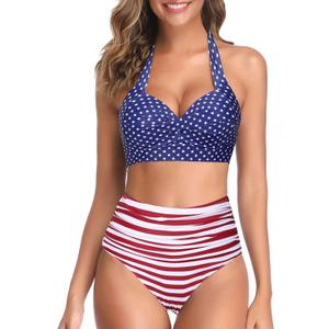 Tempt Me Women Two Piece Vintage Swimsuit Retro Halter Ruched High Waist Bikini with Bottom, XXL