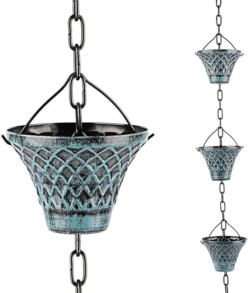 Tfro & Cile Rain Chain Gutter Downspout Catcher Outside Water Diverter Decorative Garden Rain Cups Chime Home Decor - 8 1/2 Feet Long (Blue)