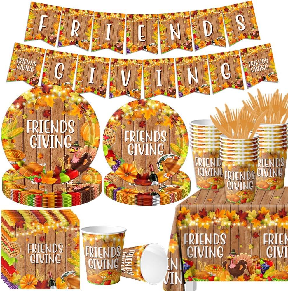 Friendsgiving Party Decorations 142pcs Friendsgiving Theme Tableware Thanksgiving Turkey Maple Leaves Disposable Paper Plates,Napkins,Tablecloth for Fall Autumn Party Supplies
