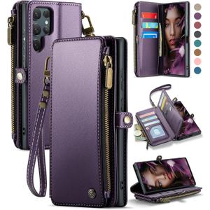 Defencase for Galaxy S25 Ultra Case Wallet with RFID Blocking Card Holder for Women Men, PU Leather Magnetic Snap Flip Wrist Strap Zipper Wallet Phone Cases for Samsung Galaxy S25 Ultra 6.9", Purple