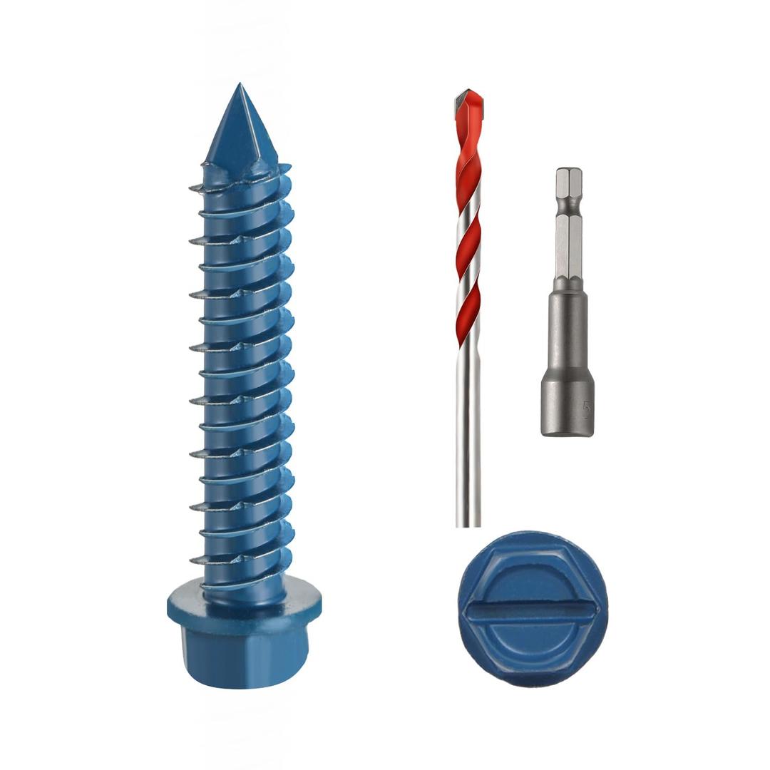 1/4" x 1-1/4" Concrete Screws, 100 PCS Blue Hex Washer Head Concrete Screws Anchor Kit with Drill Bit and Hex Bit Socket, for Masonry, Cement, Block, Brick or Stucco