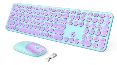 seenda Wireless Keyboard and Mouse, USB & Type C 2-in-1 Receiver, SK73-3 Full Size Purple Wireless Keyboard Mouse Combo, Compatible for Windows, MacBook Pro/Air, Laptop, Desktop, PC - Purple Green
