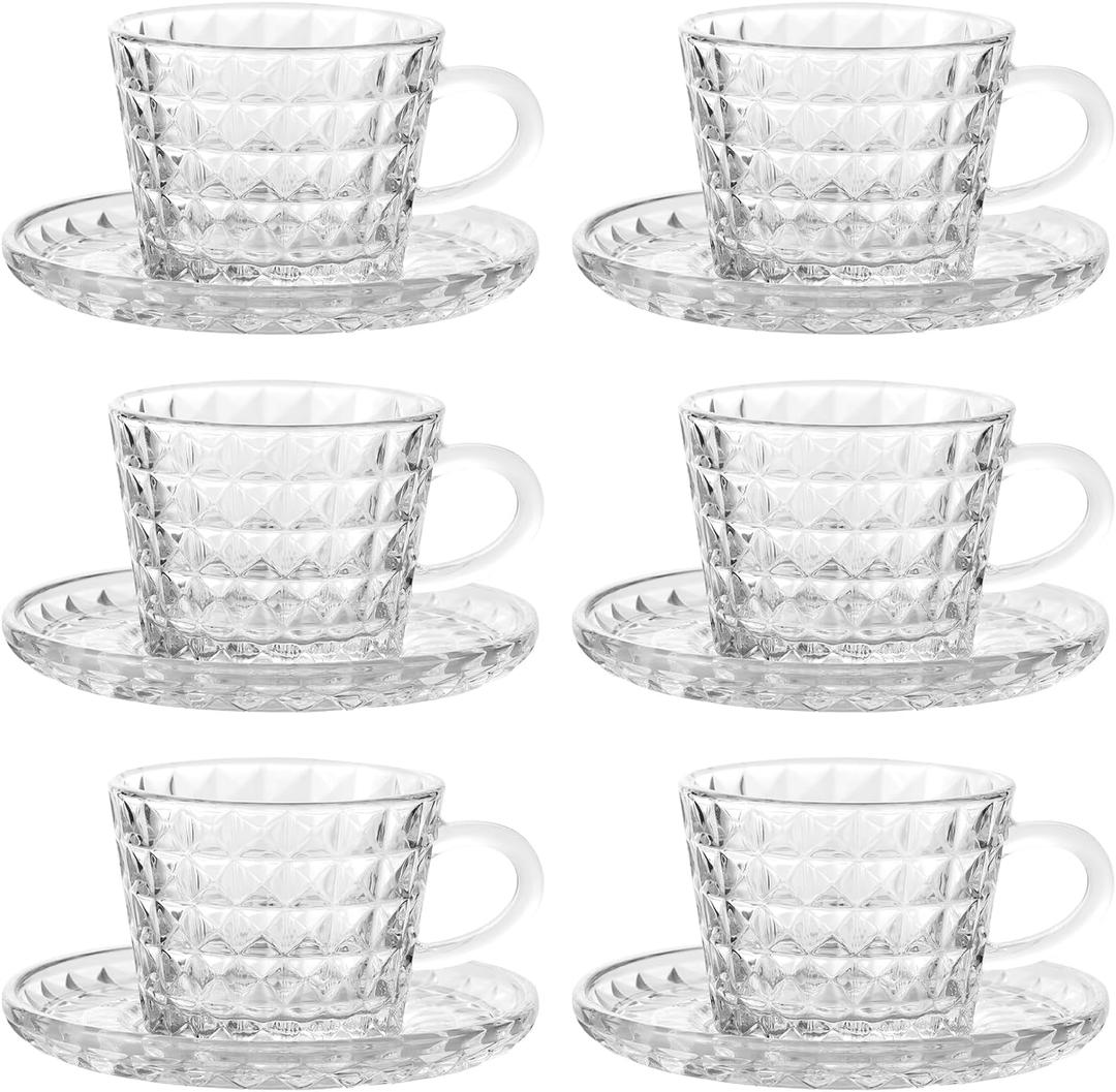 Glass Espresso Shot Cups with Saucers Set of 6, Clear Small Demitasse Cup with Stainless Steel Spoons, Dishwasher Safe Coffee Mugs for Tea Hot Chocolate Cappuccino, 5OZ/150ML, Diamond