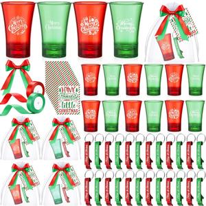 Roshtia 24 Sets Christmas Party Favors Bulk 1.2 Oz Acrylic Merry Christmas Shot Glasses with Bottle Opener Keychains Card Organza Bag Ribbon Xmas Drinking Shot Glasses Gifts