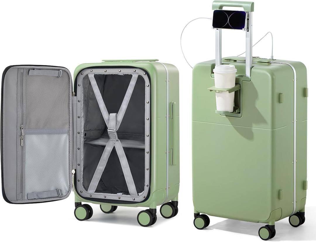Hanke 20 Inch Carry On Luggage with Cup Holder and Charge,Top Opening Hard Shell Suitcases with Wheels and Dividers,Aluminum Frame Trunk Luggage Small Suitcase with Lock for Travel,Bamboo Green