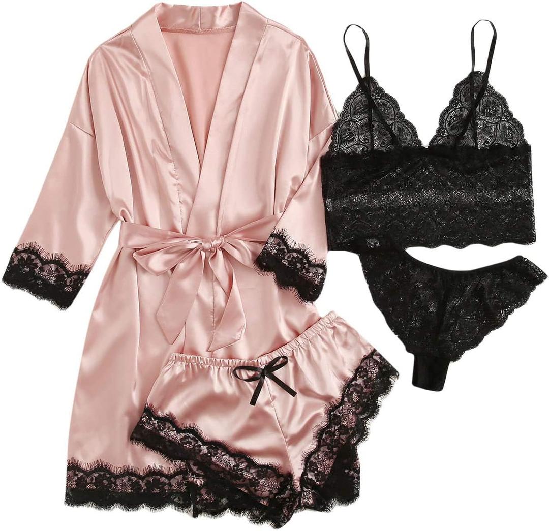 WDIRARA Women' Silk Satin Pajamas Set 4pcs Lingerie Floral Lace Cami Sleepwear with Robe (5X-Large Plus, Pink)
