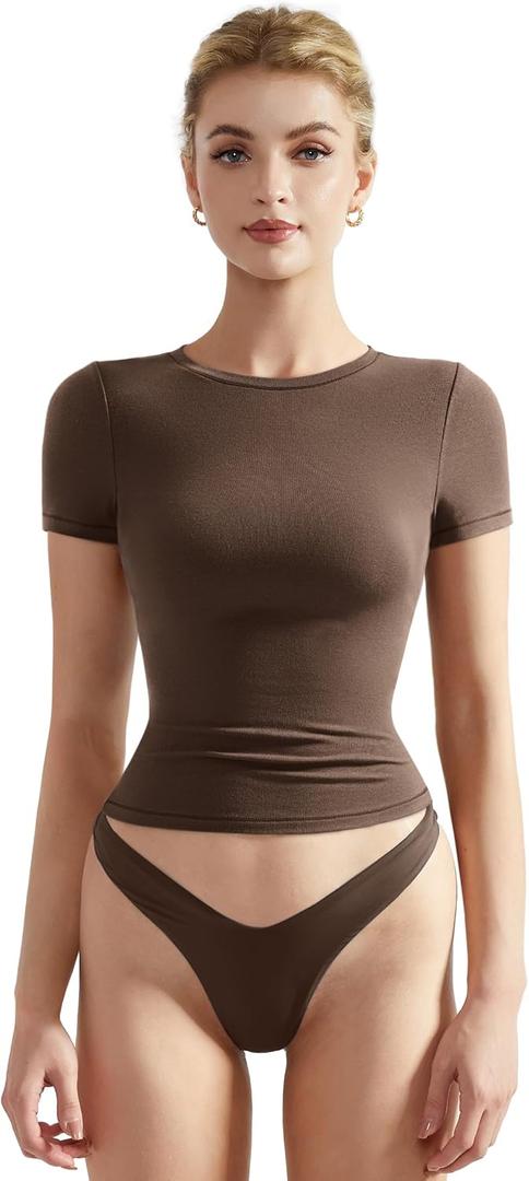 SUUKSESS Women Fitted Basic Tee Cotton Ribbed Crew Neck Summer Short Sleeve Y2K Crop Top (Brown, XS)