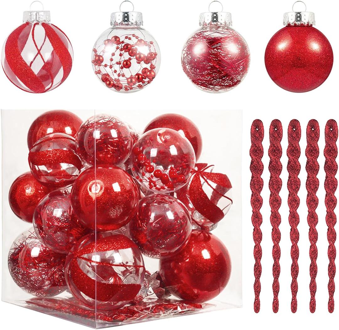 XmasExp 32ct Christmas Ball Ornaments Set -Red Clear Plastic Shatterproof Xmas Tree Ball Decorations Hanging Baubles for Holiday Decor (Various Size)