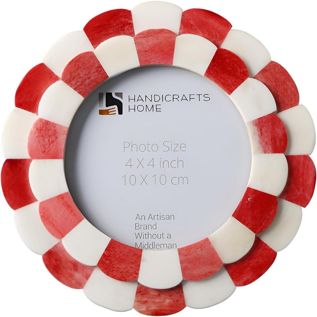 Handicrafts Home Scalloped Bone Inlay Picture Frame 4x4 Handmade Round Decorative Photo Frame, Red & White Boho Desk & Shelf Decor, Vintage Style Small Frame for Nursery, Home Styling & Gift