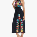 YZXDORWJ Women's Mexican Floral Embroidered Halter Neck Split Sleeveless Ruffle Party Long Dresses, Size:Medium