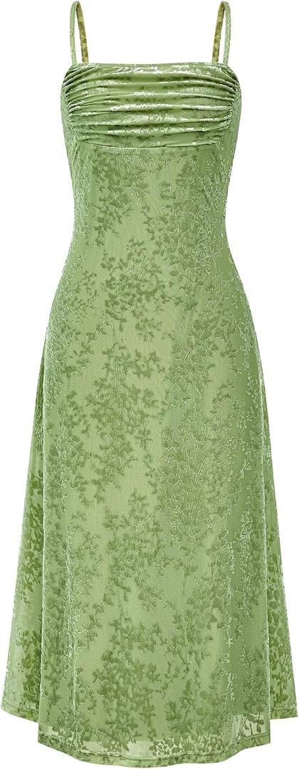 BTFBM Women's Summer Dress Sleeveless Spaghetti Strap Midi Dress Sexy Cowl Neck Floral Cocktail Dress Party Dresses (Green)