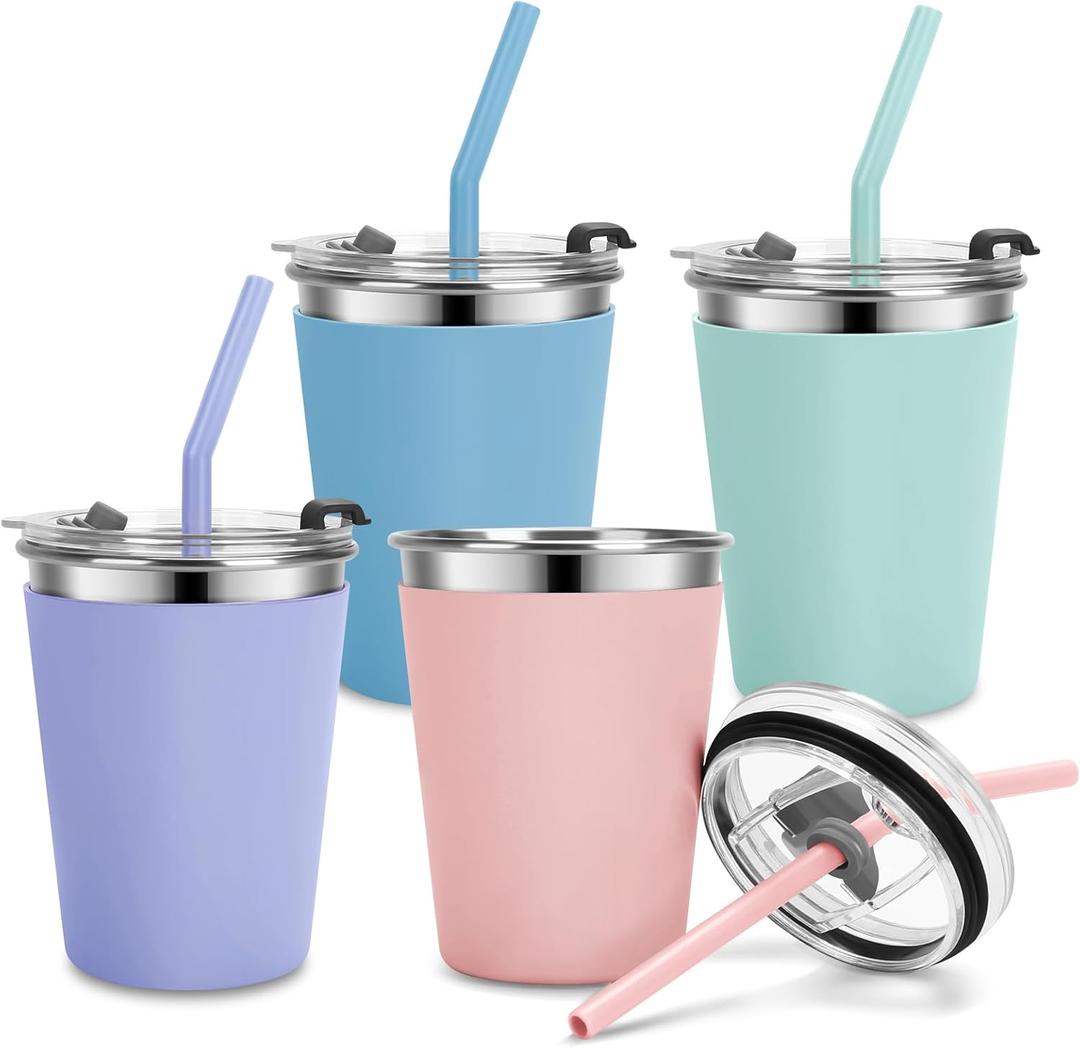 Kids Cups with Straws and Lids Leak Proof, 12oz Sippy Cups for Toddlers 1-3 No Spill, Spill Proof Cup Stainless Steel Kids Cup with Lids for School, Outdoor, 4 Pack (Blue,Green,Purple,Pink)