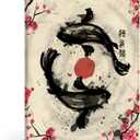 XDTIOPIMY - MCAshe Art - Vintage Japanese Koi Fish Wall Art - Serene Black Koi & Red Cherry Blossoms Framed Canvas Print - Asian Decor for Living Room, Bedroom, Office - Ready to Hang 16x24 Inches