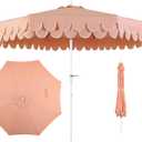 JONATHAN Y UMB1002H Tracy 9 ft. Classic MidCentury Scalloped Fringe Market Patio Umbrella with Auto-Tilt Crank, Wind Vent and UV Protection in Coral Pink/White, White Pole