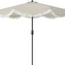 Tempera 9ft Auto Tilt Scalloped Patio Umbrellas with Fringe, Outdoor Table Umbrellas with Fade Resistant Canopy, 8 Sturdy Rids, Luxurious Vintage Umbrellas for Lawn, Pool, Deck, Balcony (Beige White)