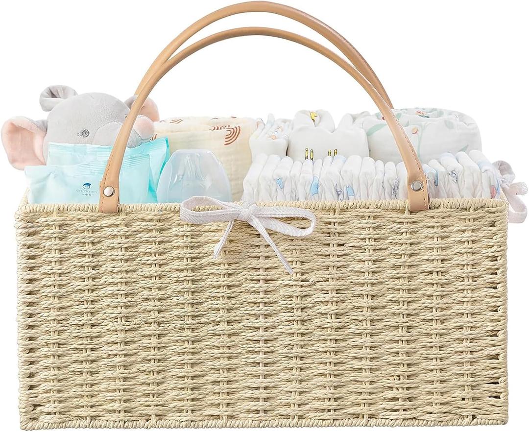 HBlife Large Baby Diaper Caddy Organizer, Paper Rope Storage Baskets Nursery Bin with Removable Divider, Portable Car Organizer for Diapers, Baby Shower Gifts, Newborn Essentials Must Haves (Beige)