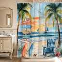 Tropical Ocean Beach Shower Curtain Sea Sunset Palm Tree Starfish Surfboard Coastal Nautical Sailboat Seagull Watercolor Seaside Scenery Bathroom Decor Polyester Curtains with Hooks,70Wx70L