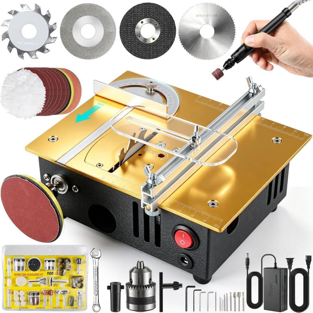 Mini table Saw,mini Table Saws for Crafts,Dual Motors & Switches,small table saw with adjustable cutting angle,depth,and speed,All-in-One Cutting/Grinding/SandingTool,Creat for Hobbyists Model Maker