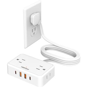 Flat Plug Extension Cord, 6 Ft Ultra Thin Power Strip with 4 AC Wide Spaced Outlets and 4 USB (2 USB-C) Ports, No Surge Protector for Cruise Ship, White Extension Cord for Travel Home Office