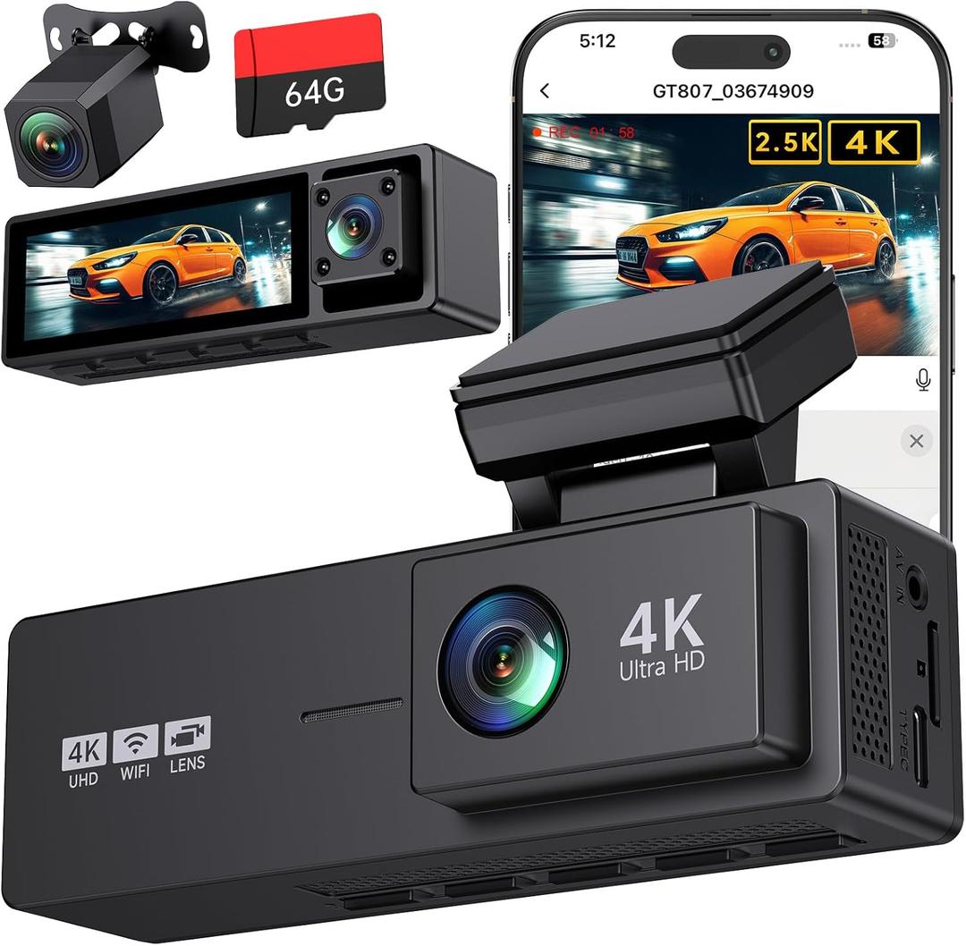 4K 3 Channel Dash Cam Front and Rear,4K+2.5K+1080P Dash Camera for Cars Inside,3.2" Screen Dash Camera for Cars, WiFi APP Control,4 IR Night Vision, G-Sensor, 24H Parking Mode, 64GB SD Card Included (Black)