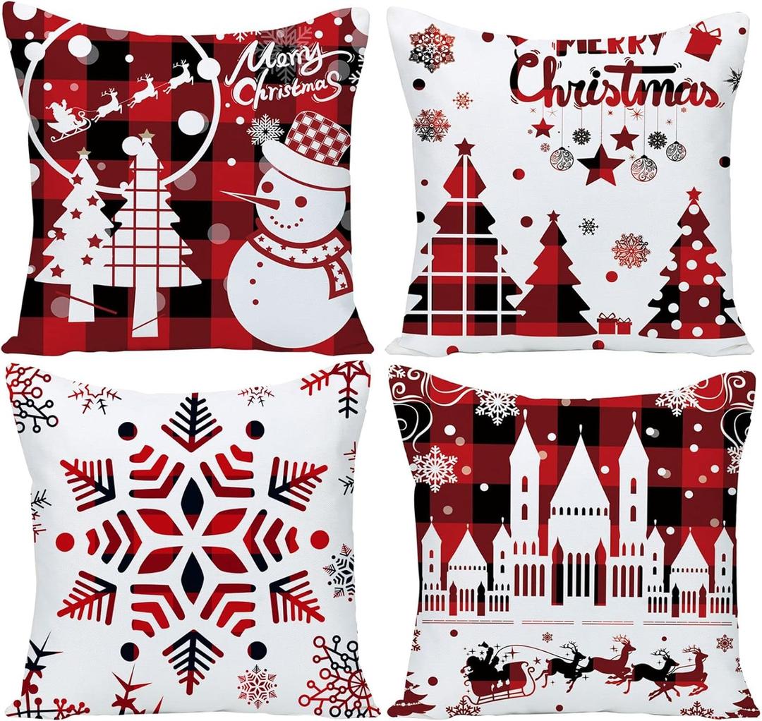 Set of 4 Happy Winter Snowflake Merry Christmas Tree Red Castle Deer with Snowman Cotton Linen Throw Pillow Case Cushion Cover Decorative for Sofa Living Room Square 24X24 Inches
