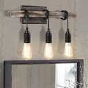 3 Lights Vintage Wall Sconce, Farmhouse Industrial Bare Bulb Wire Wrapped Wood Beam Linear Bathroom Vanity Light