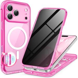 BERFY for iPhone 17 Pro Max Case, Compatible with MagSafe, Built-in Privacy Screen Protector, Camera Protection, Shockproof Full Body Phone Case 6.9", Clear Bright Pink