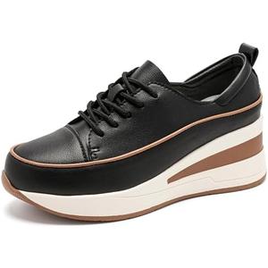 QIJOZXN Women's Leather Lace-Up Platform Wedge Sneakers Breathable Lightweight Comfortable Low Top Walking Shoes with Arch Support Non-Slip Fashion Casual Sneakers, 40