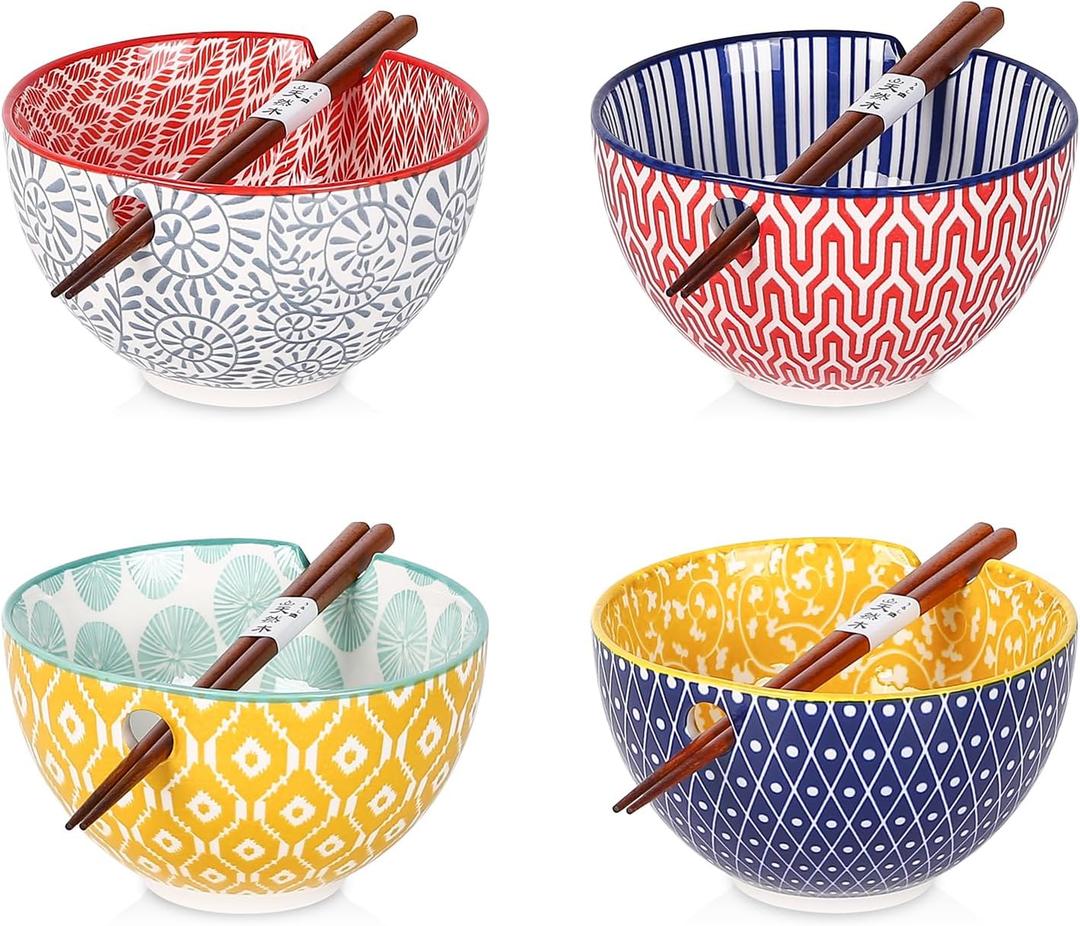 Selamica Ceramic Ramen Bowls Set, 15 OZ Noodle Bowls for Kitchen with Chopsticks, Deep Soup Bowls for Japanese Ramen Udon Soba, Microwave Dishwasher Safe, Set of 4, Assorted Colors (6 inch, 4pcs)