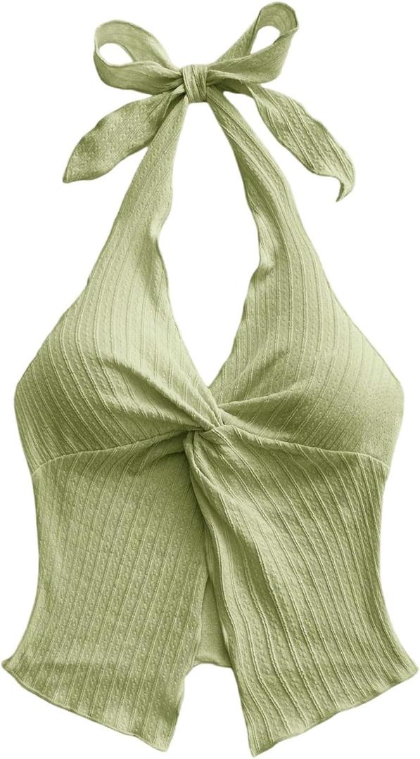 SHENHE Women's Twist Front Tie Halter Neck Split Hem Backless Summer Going Out Crop Top (Green, Large)