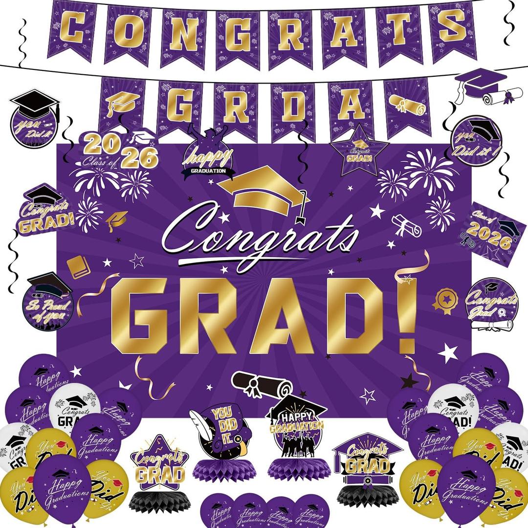 Graduation Decorations 2026 Set - Purple Themed Congrats Grad Banner, Backdrop, Hanging Swirls, Balloons - Complete Party Supplies for High School, College Graduation Decorations (Purple)