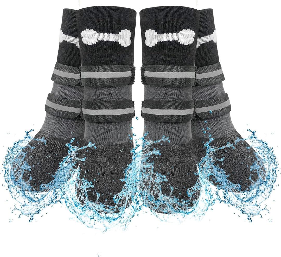 SCENEREAL Anti Slip Dog Socks Boots, Dog Shoes for Hot/Cold Pavement, Waterproof Grip Doggy Booties for Hardwood Floor, Rain Paw Protectors for Dogs, Black (Black, M(Pack of 4+2))